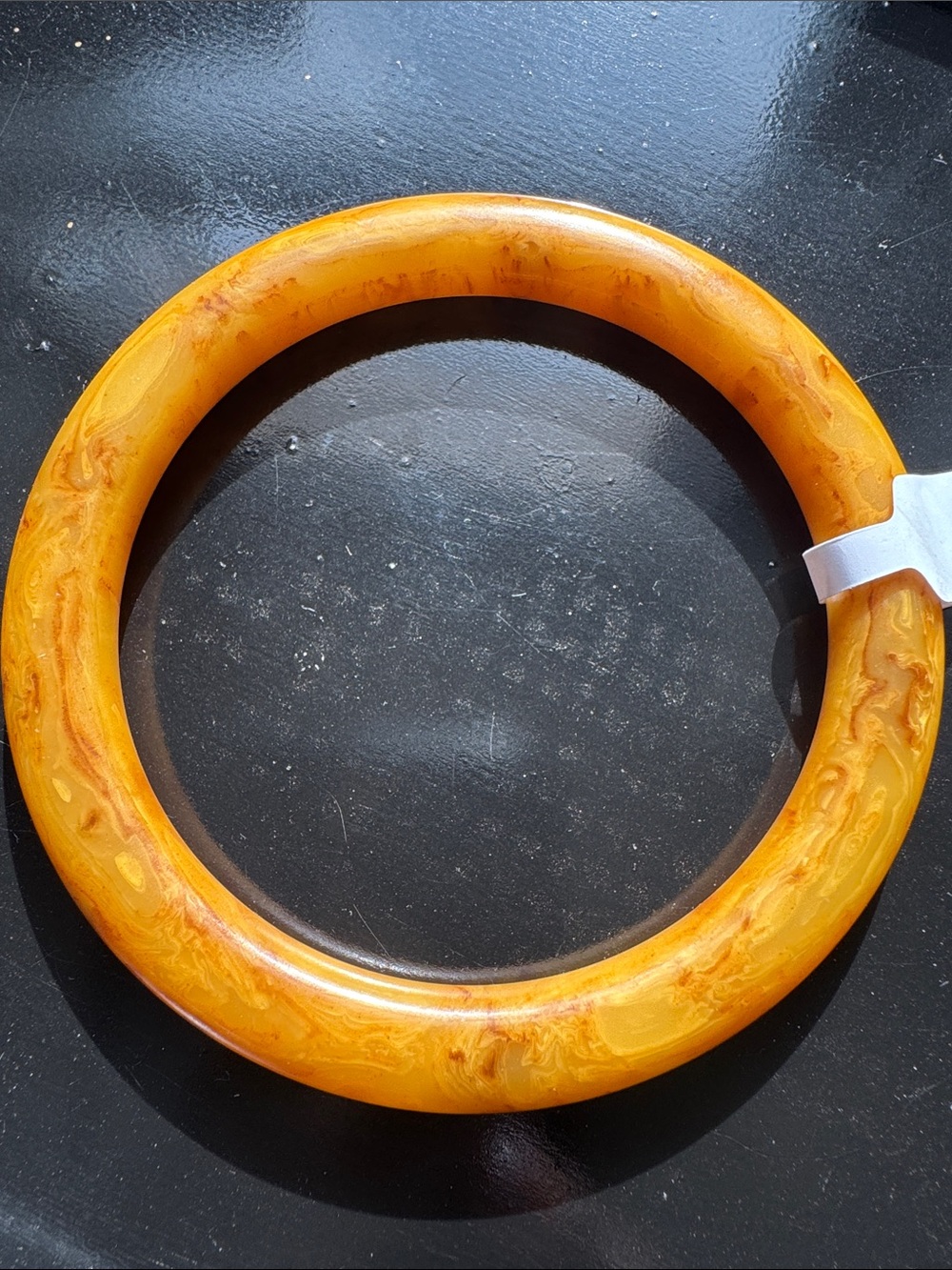 Yellow Marbled Egg Yolk Bakelite Bangle - Picture 2 of 13